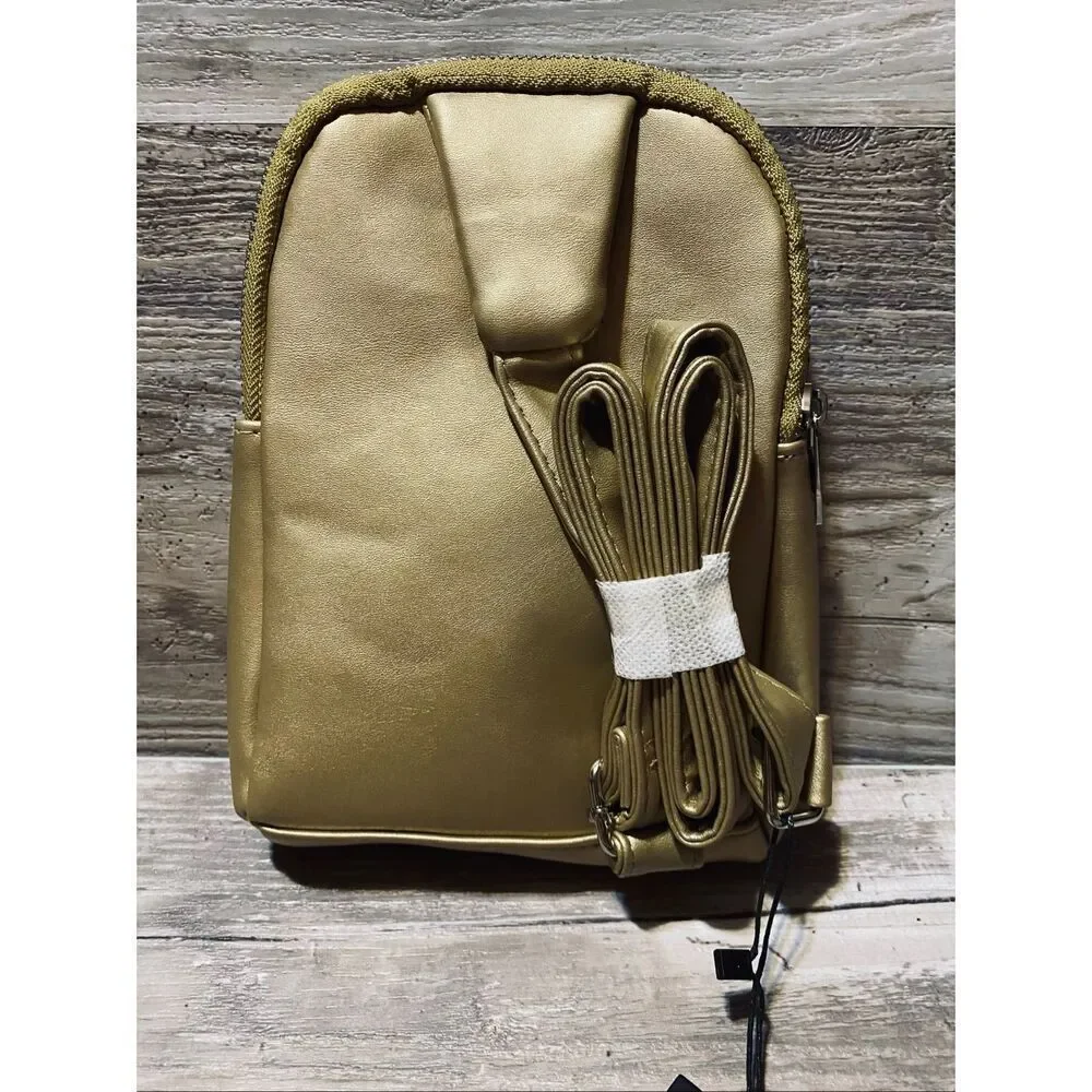 London Fog Gold Janice Sling Bag Mini Double Zip Backpack